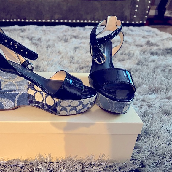 Navy Blue Coach Wedge Sandals - Picture 1 of 3